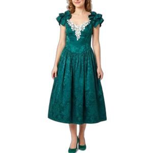VTG 80s Jessica McClintock Green Brocade Lace Neck Formal Midi Dress Size 13/14